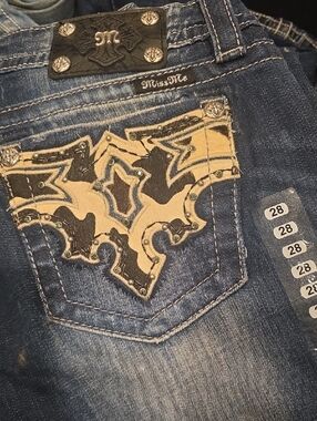 Miss Me Blue Denim Boot Cut Jeans with Tan & Black Embroidered Pocket